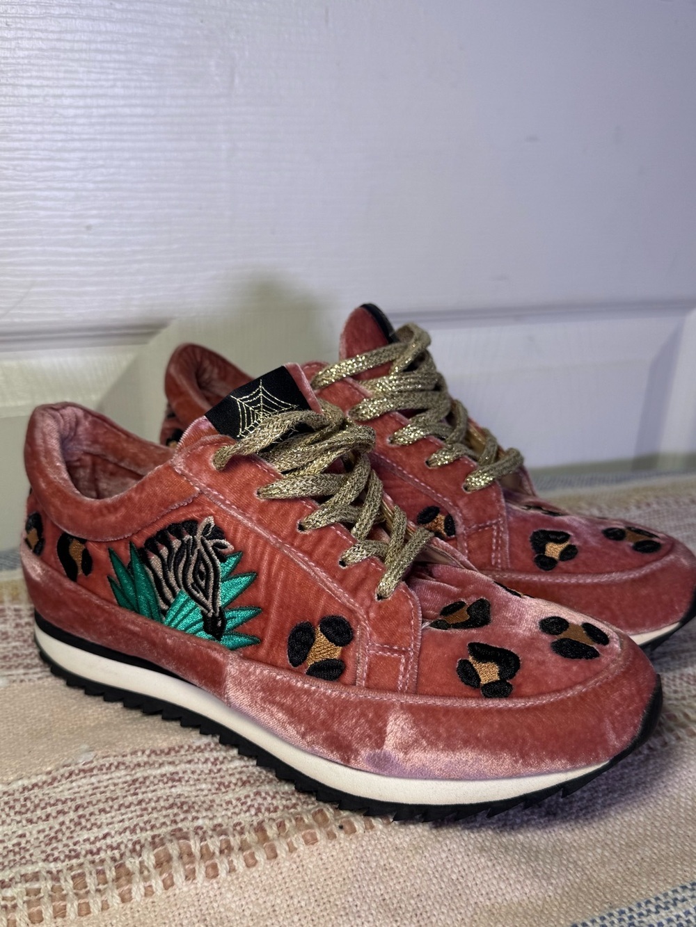 Charlotte Olympia Pink Velvet Leopard Embroidered Sneakers